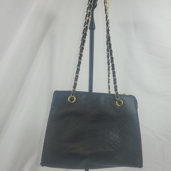 Black Vegan Leather Shoulder bag Crossbody with Gold Chain Accents - Picture 1 of 9